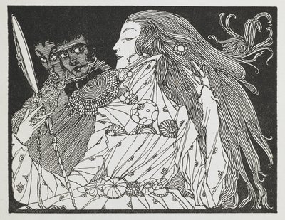 'Külkedisi' hikayesi için bir illüstrasyon. El aynasındaki yansımasına bakan bir kadın by Harry Clarke