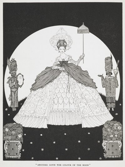 "Ay renginde bir elbise daha". 'Eşek derisi' hikayesi için bir illüstrasyon. Elinde bir şemsiye tutan güzel bir prenses, iki yanında da iki hizmetçi duruyor. by Harry Clarke