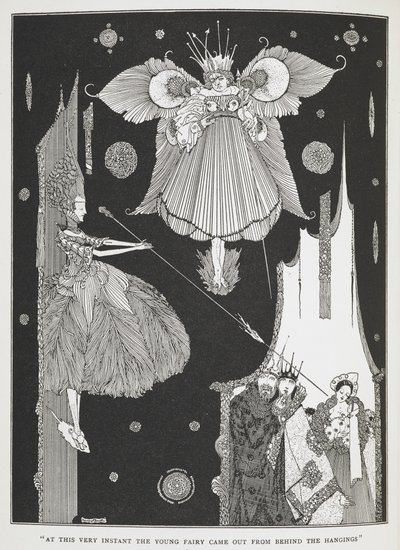 "Tam o anda genç peri perdelerin arkasından çıktı." 'Ormanda Uyuyan Güzel' öyküsünün illüstrasyonu. by Harry Clarke