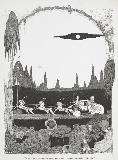 "Kendini sevinçten zar zor zaptederek uzaklaştı." Külkedisi veya küçük cam terlik hikayesi için illüstrasyon. by Harry Clarke