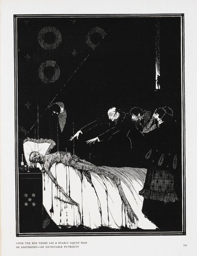 Yataktan neredeyse sıvı bir iğrenç, iğrenç kokuşmuşluk kütlesi yatıyordu. Hikaye için bir illüstrasyon, 'M. Valdemar vakasındaki gerçekler'. by Harry Clarke