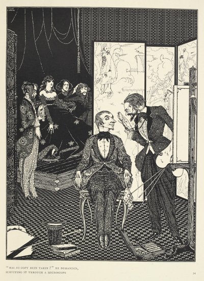 "Kopyası alınmadı mı?" diye sordu, onu mikroskopla inceleyerek. 'Çan Kulesindeki Şeytan' hikayesi için çizim. by Harry Clarke