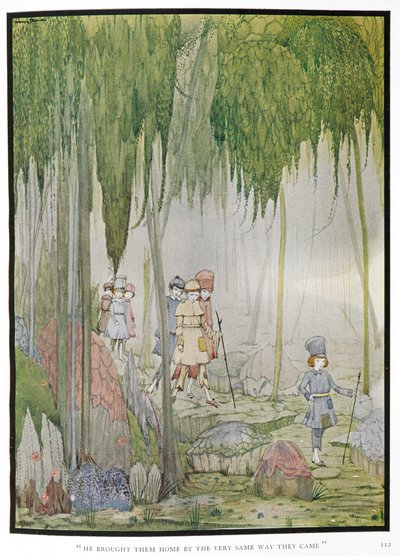 "Onları geldikleri aynı yoldan eve getirdi." Hikayenin illüstrasyonu, 'küçük başparmak'. Bir ormandaki çocuklar. by Harry Clarke