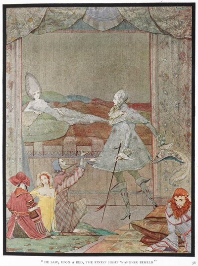 "Yatağın üzerinde şimdiye kadar görülen en güzel manzarayı gördü." Prens, "Uyuyan Güzel" Prensesi yatağında görüyor. by Harry Clarke