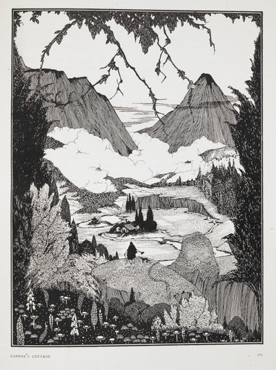 'Landor'un kulübesi' hikayesi için illüstrasyon.. Dağlık bir manzara. by Harry Clarke