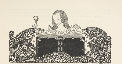 İçindekiler sayfasının üst kısmında kitap okuyan bir kadını gösteren illüstrasyon. by Harry Clarke
