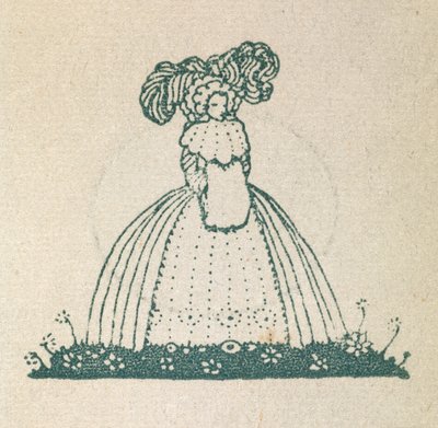 Büyük bir elbise giyen bir kadını gösteren illüstrasyon. by Harry Clarke