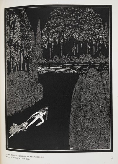 Suya doğru yaptığı zorlu yolculukta korkuları da onunla birlikte iki katına çıkıyor. 'Marie Roget'in Gizemi' öyküsünün illüstrasyonu. by Harry Clarke