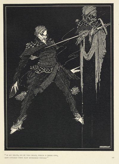 "Ölümümde, sana ait olan bu görüntüye bak, kendini nasıl tamamen öldürmüşsün". "William Wilson", The Gift (1839)'da anlatıcının ikizi. by Harry Clarke