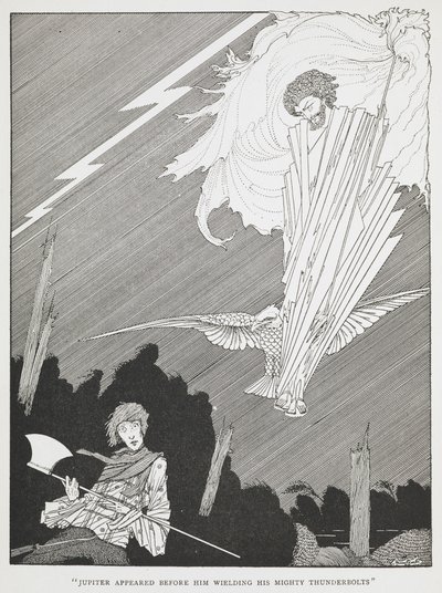 "Jüpiter, güçlü yıldırımlarını kullanarak önünde belirdi." "Saçma dilekler"in illüstrasyonu. by Harry Clarke