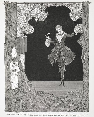"Prensin çok dikkatli bir şekilde eline aldığı cam terliklerinden birini geride bıraktı." Hikayenin illüstrasyonu, Cinderilla veya The Little Glass Slipper. by Harry Clarke
