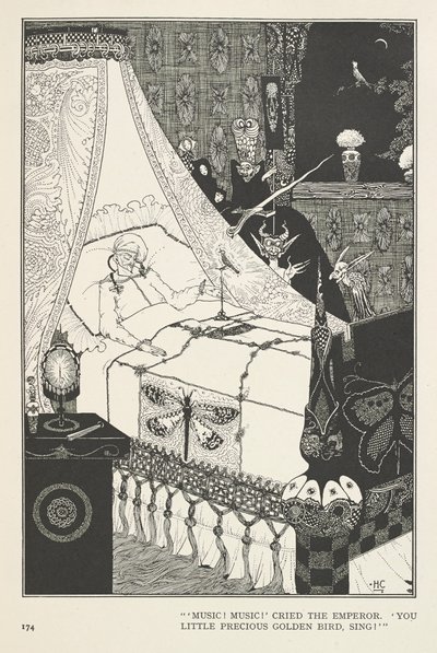 Bülbül. "Müzik! Müzik!" diye bağırdı İmparator. "Seni küçük kıymetli altın kuş, şarkı söyle!" by Harry Clarke
