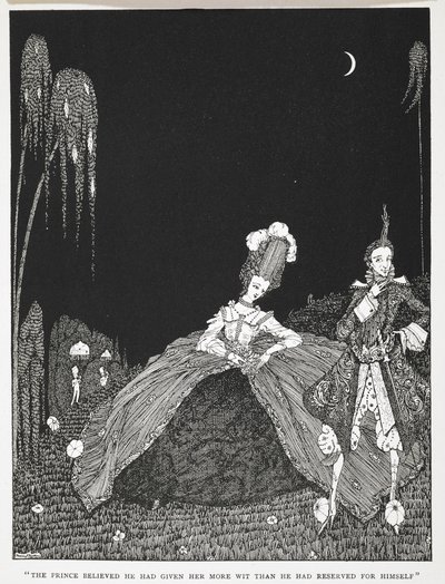 "Prens ona kendisine ayırdığından daha fazla zeka verdiğine inanıyordu." 'Püsküllü Riquet' öyküsünün illüstrasyonu. by Harry Clarke