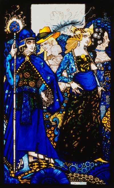 The Queens of Sheba, Meath ve Connaught". "Queens", asitlenmiş, boyanmış ve boyanmış dokuz cam panel, Illustrating J.M. Synge