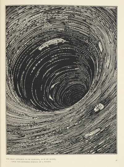 "Tekne, çevresi geniş bir huninin iç yüzeyinde asılı duruyormuş gibi görünüyordu." 'Maelstrom'a İniş' öyküsünün illüstrasyonu. by Harry Clarke