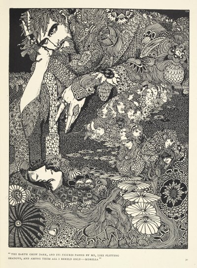 "Dünya karardı ve figürleri, uçuşan gölgeler gibi yanımdan geçti ... Morella." 'Morella' hikayesi için illüstrasyon. by Harry Clarke