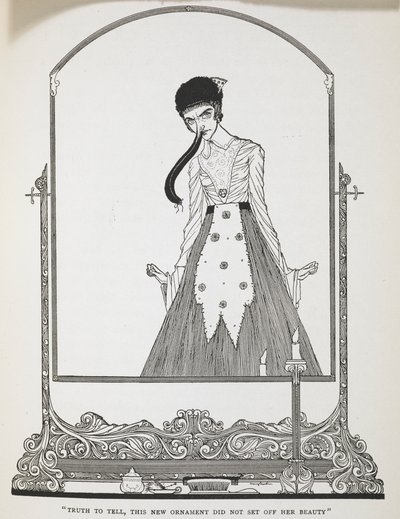 "Doğrusunu söylemek gerekirse bu yeni süs onun güzelliğini ortaya çıkarmadı." Hikayenin illüstrasyonu, 'saçma dilekler'. by Harry Clarke