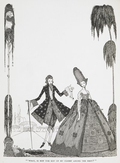 "Ne yani, dolabımın anahtarı diğerlerinin arasında değil mi?" 'Mavi Sakal' öyküsünün illüstrasyonu. by Harry Clarke