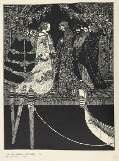 "Bu, tüm Venedik'in hayranlığı olan Marchesa Afrodit'iydi". 'Görev' öyküsünün illüstrasyonu. by Harry Clarke