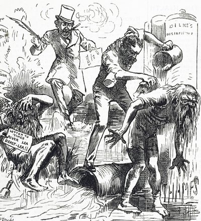 Thames ve Lea Nehirlerinin kirli durumları nedeniyle saldırıya uğradığını gösteren karikatür by Harry Furniss