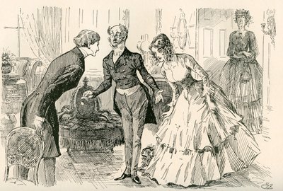 David, Dora ve Bayan Murdstone ile Buluşuyor. "Bay Copperfield, kızım Dora ve kızım Dora'nın gizli arkadaşı Bayan Murdstone!" The Testimonial Edition'dan Charles Dickens romanı David Copperfield için Harry Furniss'in çizimi, 19'da by Harry Furniss