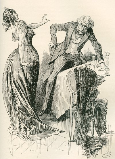 Edith ve Bay Carker. " Adam neşeyle ona doğru geliyordu ki, bir anda masadan bıçağı aldı ve bir adım geri çekildi. "Kıpırdama," dedi, "yoksa seni öldürürüm!" Charles Dickens romanı by Harry Furniss
