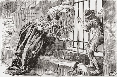 Leydi Dedlock ve Jo. "Oraya kondu," diyor Jo, parmaklıklara tutunup içeri bakarken, Leydi Dedlock bir köşeye çekiliyor. Charles Dickens'ın Kasvetli Ev romanı için Harry Furniss'in çizimi, The Testimonial Edition'dan, 1910'da yayın by Harry Furniss