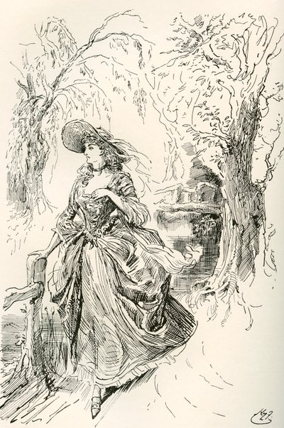 Bayan Haredale. The Testimonial Edition'dan Charles Dickens romanı Barnaby Rudge için Harry Furniss'in illüstrasyonu, 1910'da yayınlandı. by Harry Furniss