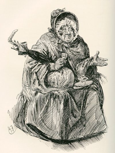 Bayan Gamp. Charles Dickens romanı Martin Chuzzlewit için Harry Furniss'in çizimi, The Testimonial Edition'dan, 1910'da yayınlandı. by Harry Furniss