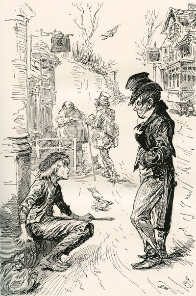 Oliver, The Artful Dodger'a düşüyor. "Merhaba, grubum, sıra ne?" dedi bu tuhaf genç beyefendi, Oliver'a. "Çok açım ve yorgunum," diye yanıtladı Oliver; konuşurken gözlerinde biriken yaşlar. "Uzun yol yürüdüm. Yürüdüm. by Harry Furniss