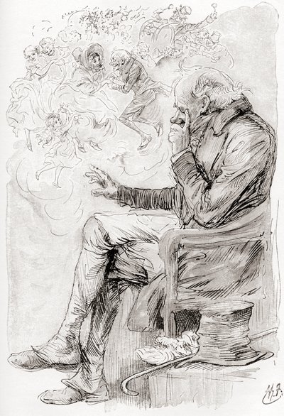 Trotty'nin Rüyası. "Trotty düş görmüş müydü? Yoksa sevinçleri, kederleri ve içlerindeki aktörler bir düş müydü; The Chimes from The Christmas Book adlı kısa öykü için Harry Furniss'in illüstrasyonu by Harry Furniss