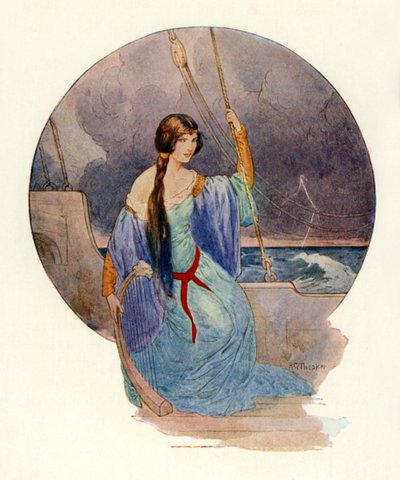 "Sonunda, canlı bir şimşek çakması tüm gemiyi mavi alevlerle sararken, şarkı aniden kesildi" (renkli lito) by Harry George Theaker