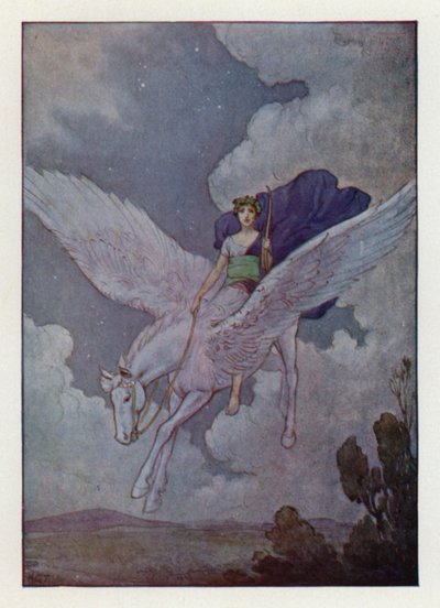 Bellerophon ve gümüş kanatlı atı (renkli taş baskı) by Harry George Theaker