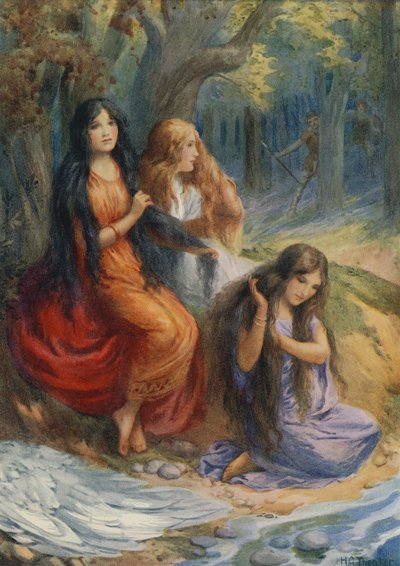 Hladgrun, Olrun ve Alvit, "Wayland the Smith "ten (renkli taş baskı) by Harry George Theaker