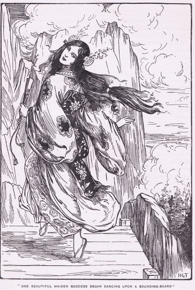 Güzel bir bakire tanrıça bir ses tahtasının üzerinde dans etmeye başladı (Yüksek Cennetin Ovası) (lito) by Harry George Theaker