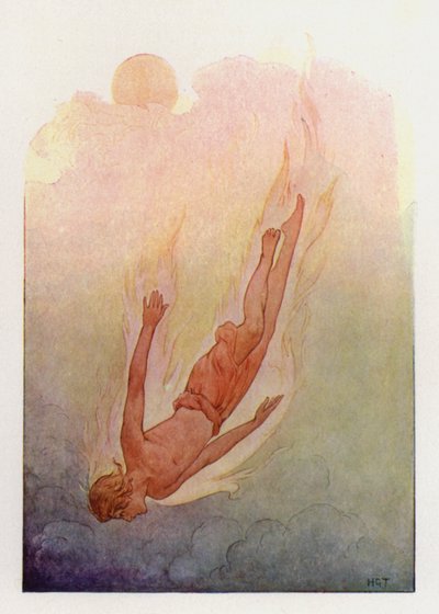 Phaeton, saçları alevler içinde, derin ve serin bir nehre düşerken (renkli taş baskı) by Harry George Theaker
