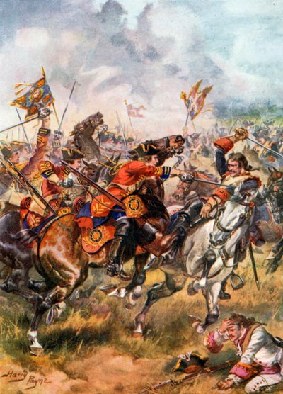 Üçüncü Süvarilerin Hücumu. Dettingen Muharebesi (renkli taş baskı) by Harry Payne