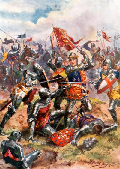 Kral V. Henry Kahramanca Cesaretle Savaşıyor. Agincourt Savaşı (renkli taş baskı) by Harry Payne