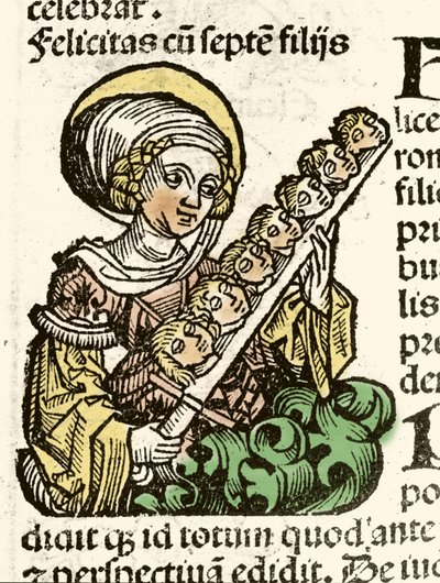 Aziz Felicite'nin temsili, yedi çocuğunun başlarıyla Roma'da şehitlik. Hartmann Schedel'in ksilografisi “” Nürnberg Günlükleri”” 1493. by Hartmann Schedel