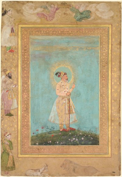 Shah Jahan, Geç Shah Jahan Albümünden bir spinel ve uzun bir Deccan kılıcı tutuyor, c. 1650. by Hashim