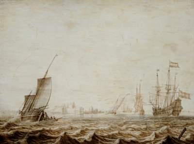 Dalgalı Denizde Yelken İndiren Bir Wijdschip, 17. yüzyıl ortaları (panel üzerine yağlıboya) by Heerman Witmont