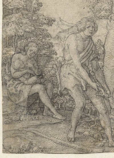 Adem toprağı sürer, Havva çocuğunu emzirir by Heinrich Aldegrever