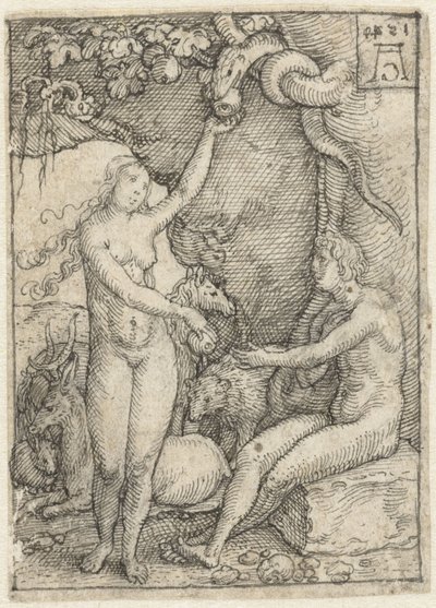 Havva, ağacın altında Adam de Appel'e yılanla ulaşır Gravür serisi için tasarım çizimleri Ölümün Gücü (dizi adı) by Heinrich Aldegrever