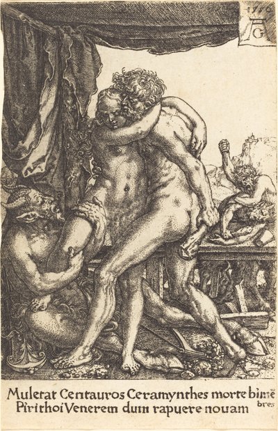 Centaurların Hippodamia Tecavüzünü Önleyen Herkül by Heinrich Aldegrever