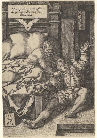 Yargıç Herkinbald, Yeğeninin Boğazını Keserken, 1553. by Heinrich Aldegrever