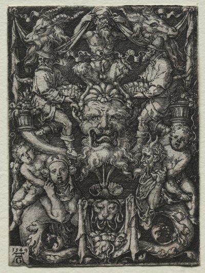 Maskeli, Bir Çift Tritonlu ve Alttaki İki Çocuklu Süsleme Tasarımı, 1549. by Heinrich Aldegrever