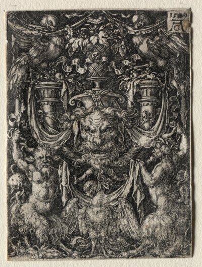 Aşağıdaki İki Faun Arasında Maskeli Kartallı Süsleme Tasarımı by Heinrich Aldegrever
