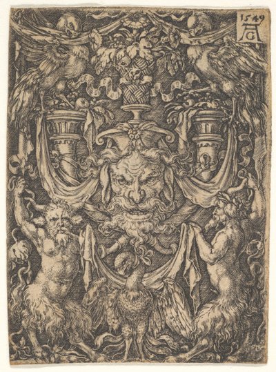 Aşağıdaki İki Faun Arasında Bir Maskeli ve Kartallı Süs Tasarımı, 1549. by Heinrich Aldegrever