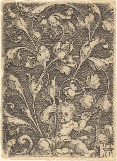 Oturan Çocuk ile Scroll Süsleme by Heinrich Aldegrever