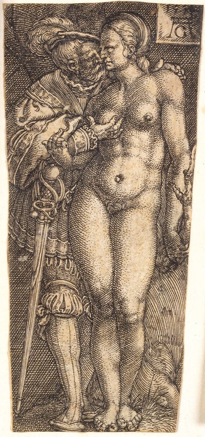 Asker ve Çıplak Kadın ile Kılıf Tasarımı by Heinrich Aldegrever